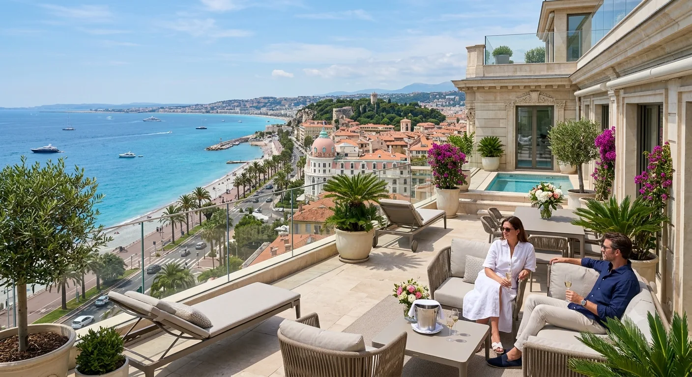 Voyageurs installés sur une terrasse avec vue sur la baie de Nice